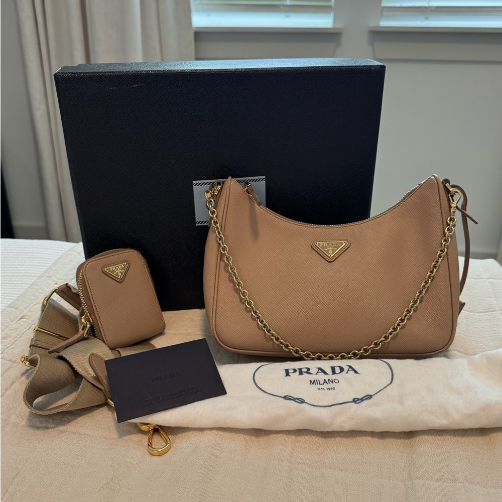 Prada Re-Edition 2005 Saffiano Leather Shoulder Bag Beige